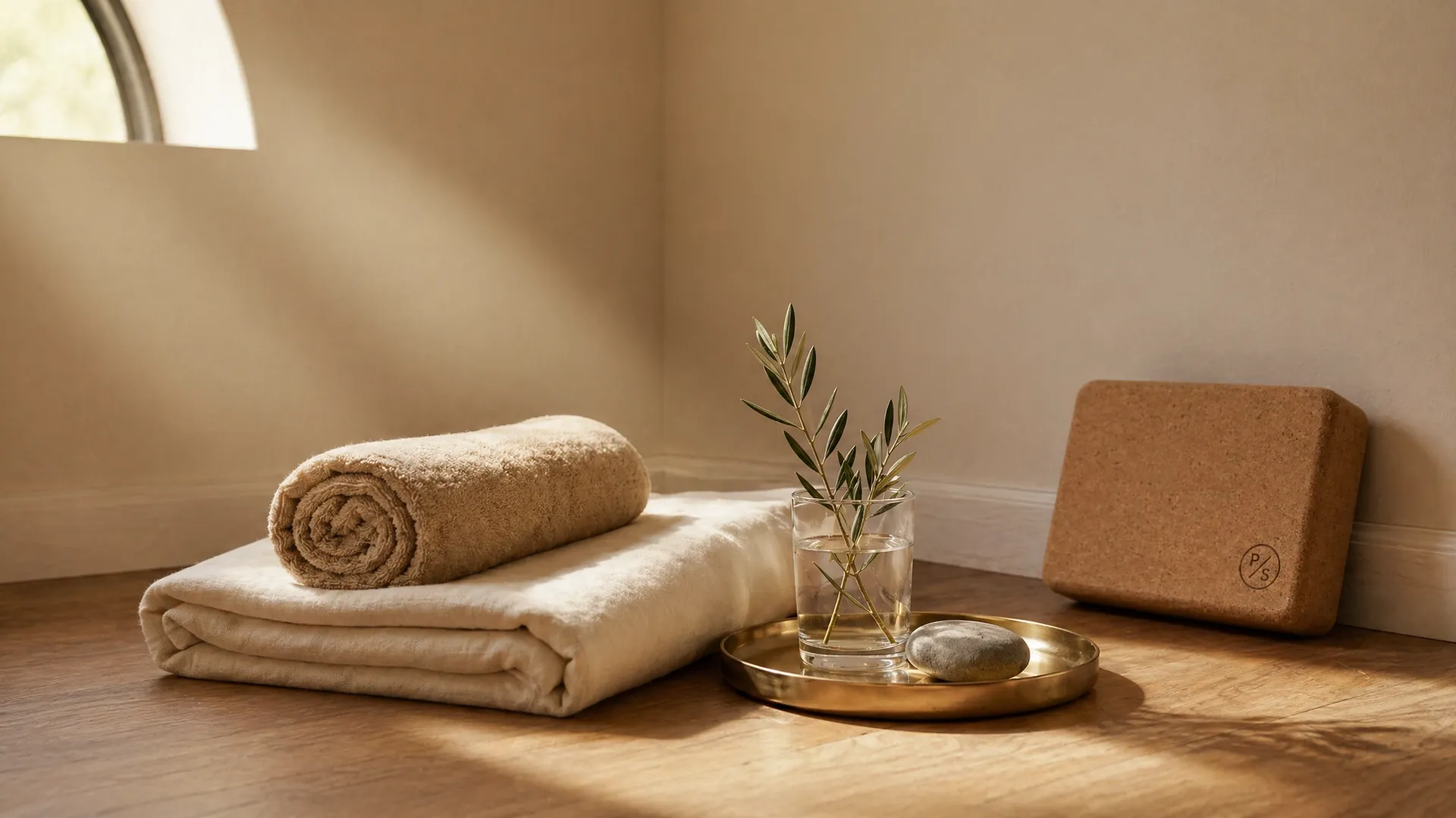 Λεπτομέρεια Wellness Day με λινά υφάσματα και κλαδί ελιάς